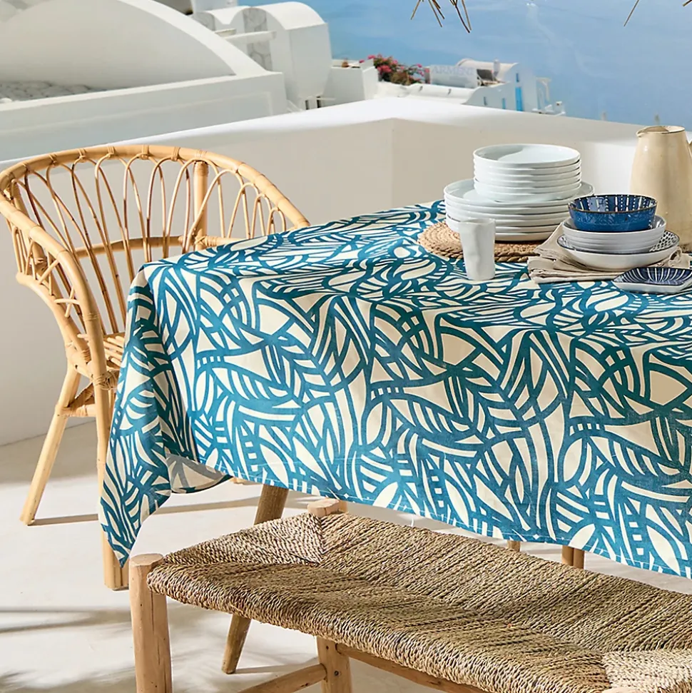 Nappe rectangulaire coton enduit feuillage abstrait (160x350 cm - Bleu)