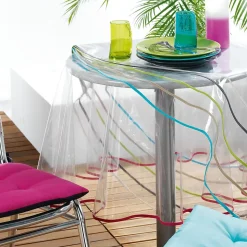 Nappe ronde transparente ourlet coloré (180x180 cm - Blanc)