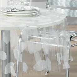 Nappe ronde transparente print feuilles (140x140 cm - Blanc)
