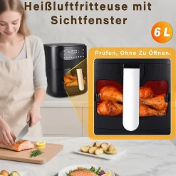 Nettlife Friteuse à air chaud 6 L, panier unique, fenêtre de visualisation -7 programmes de cuisson, friteuse à air chaud (noir)