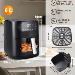 Nettlife Friteuse à air chaud 6 L, panier unique, fenêtre de visualisation -7 programmes de cuisson, friteuse à air chaud (noir)