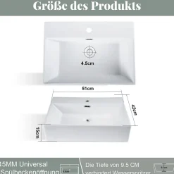 NETTLIFE Vasque à Poser Carrée, L51 x P42 cm, Lavabo de Salle de Bain en Céramique Blanche.