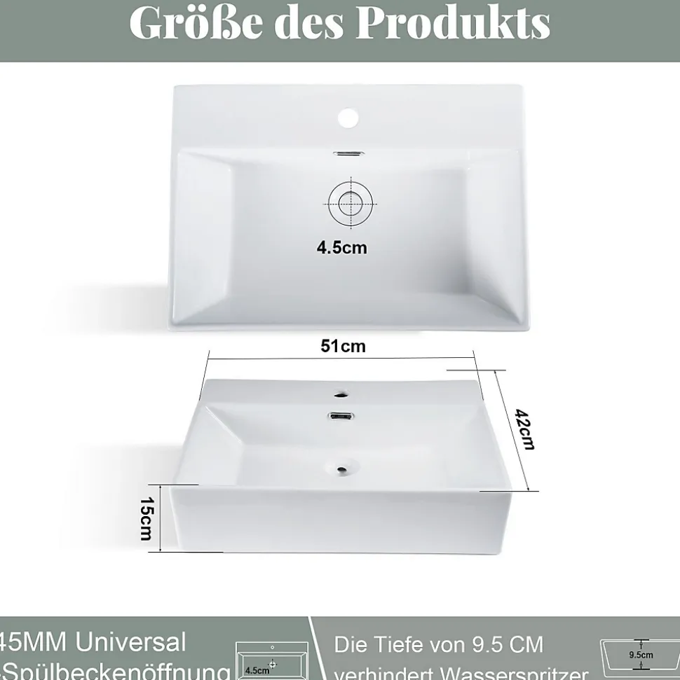 NETTLIFE Vasque à Poser Carrée, L51 x P42 cm, Lavabo de Salle de Bain en Céramique Blanche.