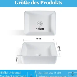 NETTLIFE vasque à poser, Lavabo de salle de bain céramique - vasque à poser carrée blanche L40 x P30cm