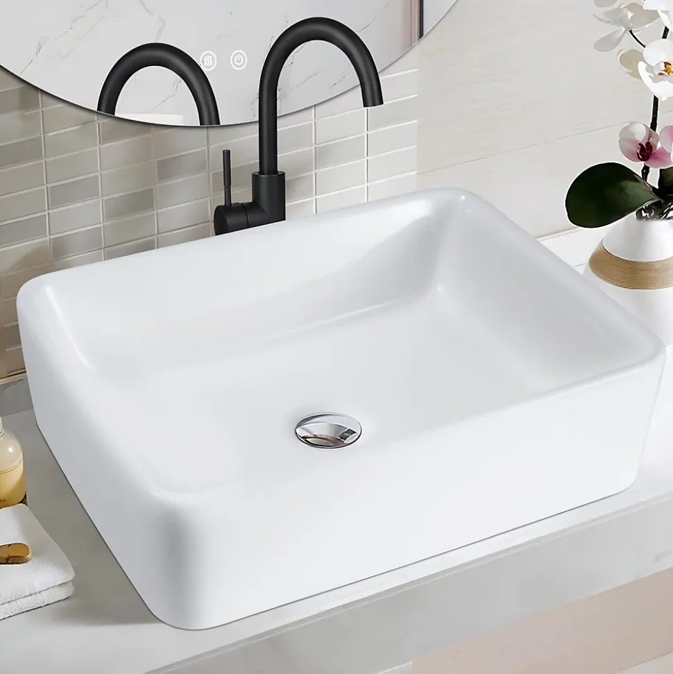 NETTLIFE vasque à poser, Lavabo de salle de bain céramique - vasque à poser carrée blanche L40 x P30cm