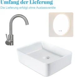 NETTLIFE vasque à poser, Lavabo de salle de bain céramique - vasque à poser carrée blanche L40 x P30cm