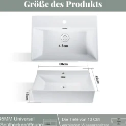 NETTLIFE vasque à poser, Lavabo de salle de bain céramique Blanc - Vasque carrée L60 x P42cm