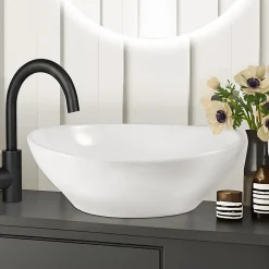 NETTLIFE vasque à poser, Lavabo de salle de bain ovale effet lotus, blanc L41 x P33cm