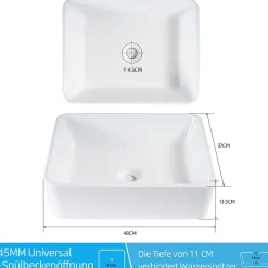 NETTLIFE vasque à poser, Lavabo de salle de bain carrée en céramique effet lotus L48 x P37cm