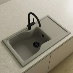 Pack Evier 1 bac avec égouttoir POALGI City Ash + mitigeur avec douchette + bonde noire