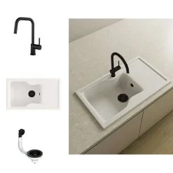 Pack Evier 1 bac avec égouttoir POALGI City Snow + mitigeur avec douchette + bonde noire