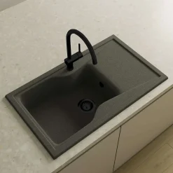 Pack Evier 1 bac avec égouttoir POALGI City Basalt + mitigeur avec douchette + bonde noire