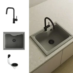 Pack Evier 1 bac POALGI City Ash + mitigeur avec douchette + bonde noire