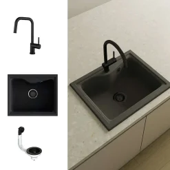 Pack Evier 1 bac POALGI City Basalt + mitigeur avec douchette + bonde noire