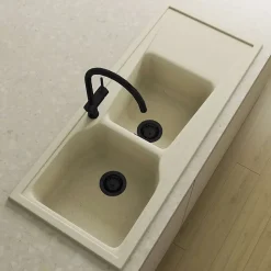 Pack Evier 2 bacs avec égouttoir POALGI City Pumice + mitigeur avec douchette + bonde noire