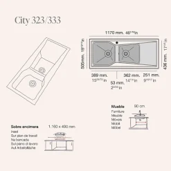 Pack Evier 2 bacs avec égouttoir POALGI City Pumice + mitigeur avec douchette + bonde noire