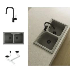 Pack Evier 2 bacs POALGI City Ash + mitigeur avec douchette + bonde noire