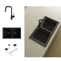 Pack Evier 2 bacs POALGI City Basalt + mitigeur avec douchette + bonde noire