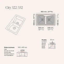 Pack Evier 2 bacs POALGI City Basalt + mitigeur avec douchette + bonde noire