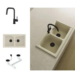 Pack Evier 2 bacs POALGI City Pumice + mitigeur avec douchette + bonde noire