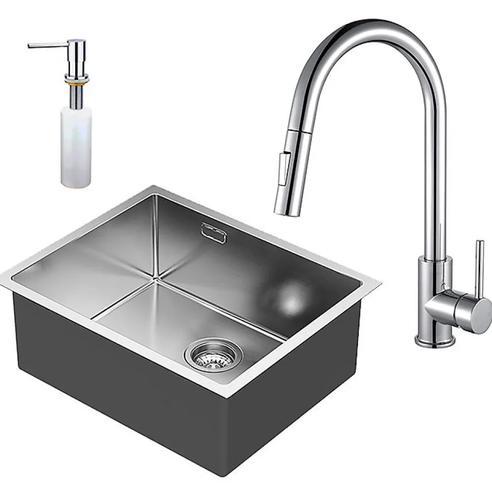 Pack évier SOLUT + mitigeur monocommande, finition brossée, en acier inoxydable Kibath