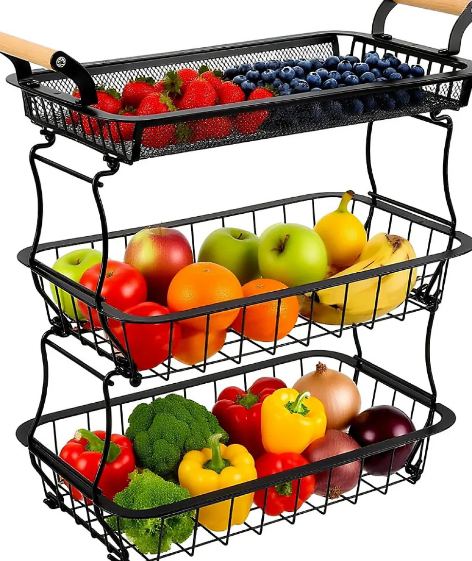 Panier à Fruits 3 Étages avec Crochets et Poignées Bois