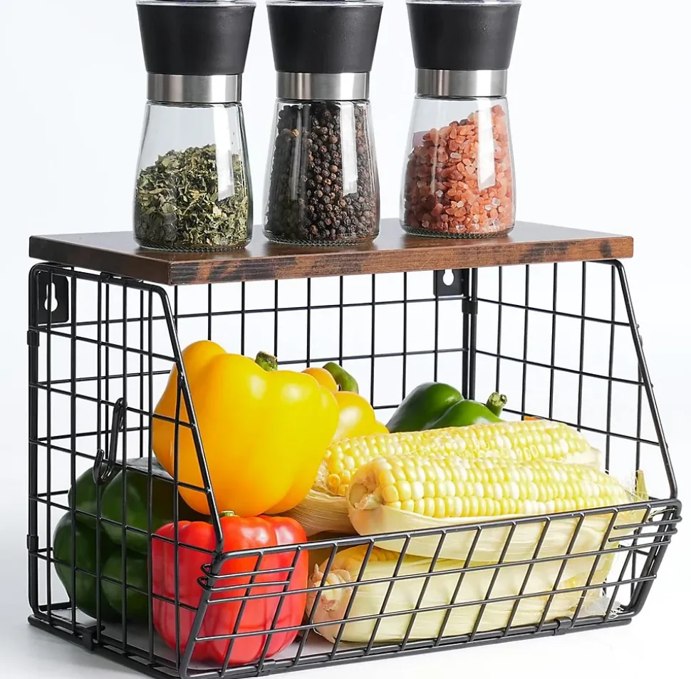 Panier à Fruits Suspendu Mural avec Couvercle en Bois