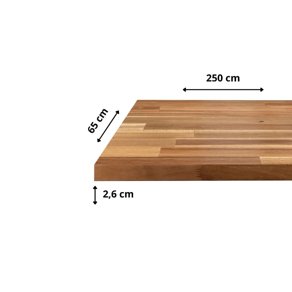 Plan de travail Acacia massif huilé lamellé collé L.250 x P.65 cm, Ep.26 mm