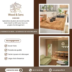 Plan de travail bois massif Chêne lamellé abouté L.200 X P.65 cm, Ep.36 mm