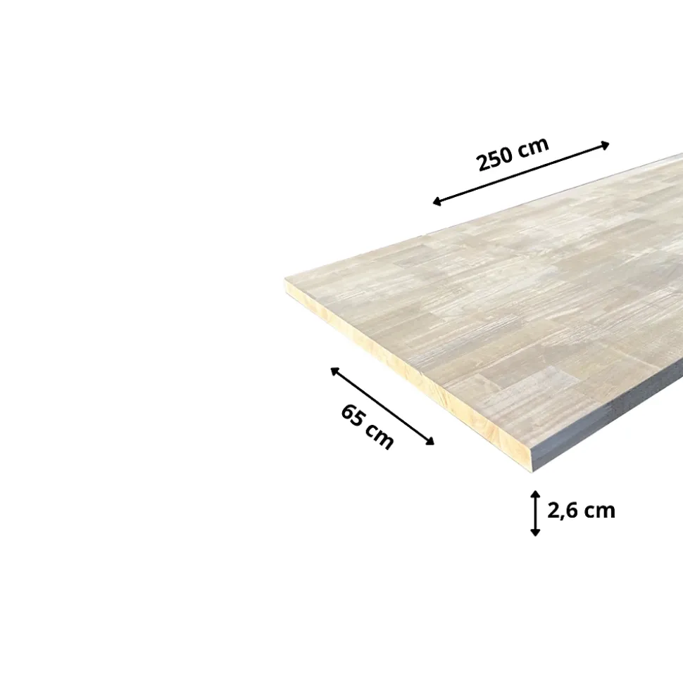 Plan de travail bois massif Hévéa lamellé abouté L.250 x P.65 cm, Ep.26 mm
