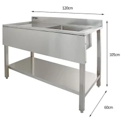 Plan de Travail 180cm, Evier en acier - Egouttoir à gauche et Etagère Murale