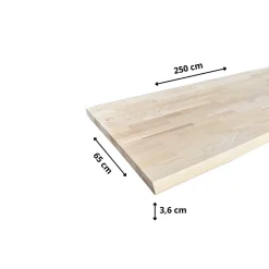 Plan de travail Hêtre massif bord naturel L.250 x l.65 cm, Ep.36 mm