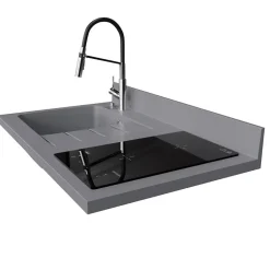 Plan de travail monobloc PlaniQuartz avec évier - 100 cm - Cromo - évier à gauche - Plaque de cuisson Induction