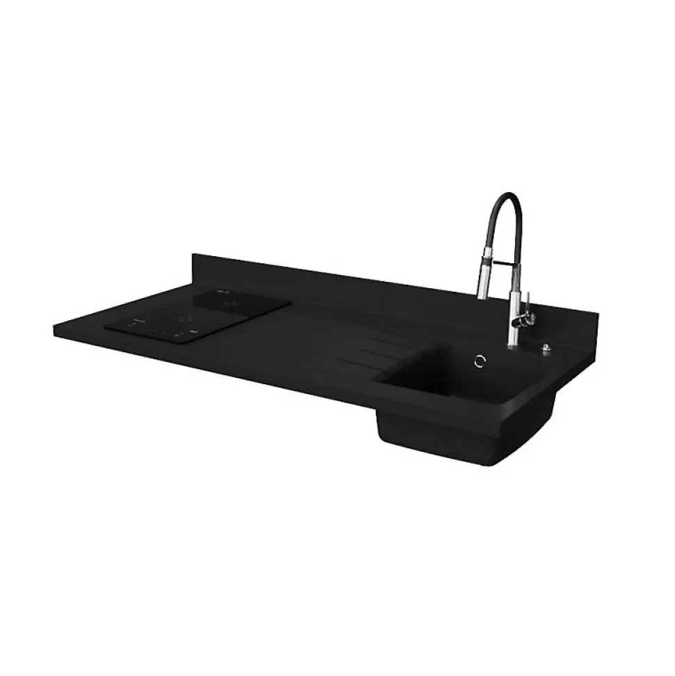 Plan de travail monobloc PlaniQuartz avec évier - 140 cm - Nero - évier à droite - Plaque de cuisson Induction