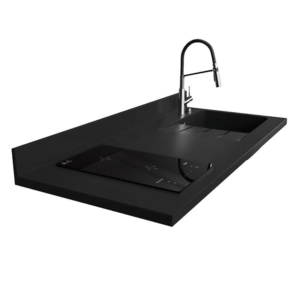 Plan de travail monobloc PlaniQuartz avec évier - 140 cm - Nero - évier à droite - Plaque de cuisson Induction