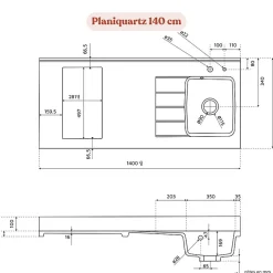 Plan de travail monobloc PlaniQuartz avec évier - 140 cm - Nero - évier à droite - Plaque de cuisson Induction