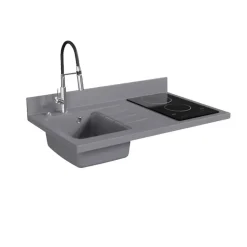 Plan de travail monobloc PlaniQuartz avec évier - 100 cm - Cromo - évier à gauche - Plaque de cuisson Vitrocéramique