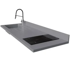Plan de travail monobloc PlaniQuartz avec évier - 180 cm - Cromo - évier à gauche - Plaque de cuisson Induction