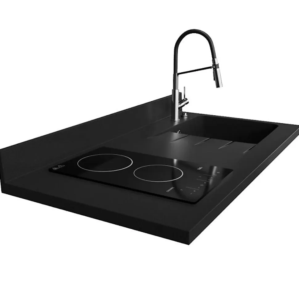 Plan de travail monobloc PlaniQuartz avec évier - 120 cm - Nero - évier à droite - Plaque de cuisson Vitrocéramique