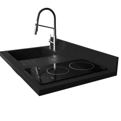 Plan de travail monobloc PlaniQuartz avec évier - 100 cm - Nero - évier à gauche - Plaque de cuisson Vitrocéramique