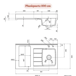 Plan de travail monobloc PlaniQuartz avec évier - 100 cm - Nero - évier à gauche - Plaque de cuisson Vitrocéramique