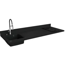 Plan de travail monobloc PlaniQuartz avec évier - 180 cm - Nero - évier à gauche - Plaque de cuisson Vitrocéramique