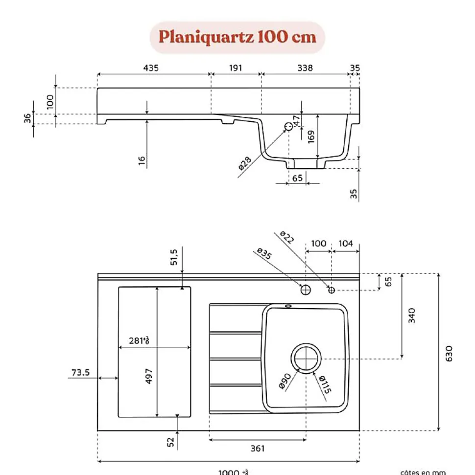 Plan de travail monobloc PlaniQuartz avec évier - 100 cm - Nero - évier à droite - Plaque de cuisson Non inclus