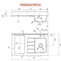 Plan de travail monobloc PlaniQuartz avec évier - 100 cm - Nero - évier à droite - Plaque de cuisson Non inclus