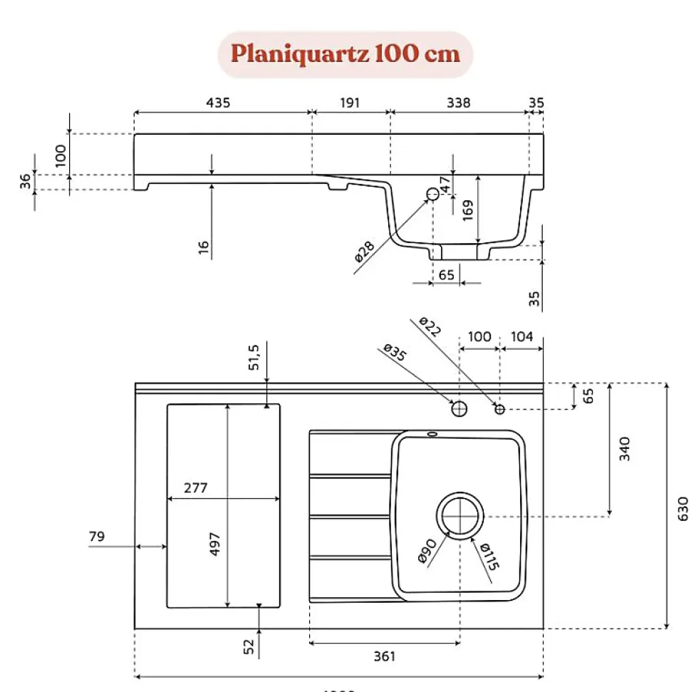 Plan de travail monobloc PlaniQuartz avec évier - 100 cm - Nero - évier à droite - Plaque de cuisson Non inclus