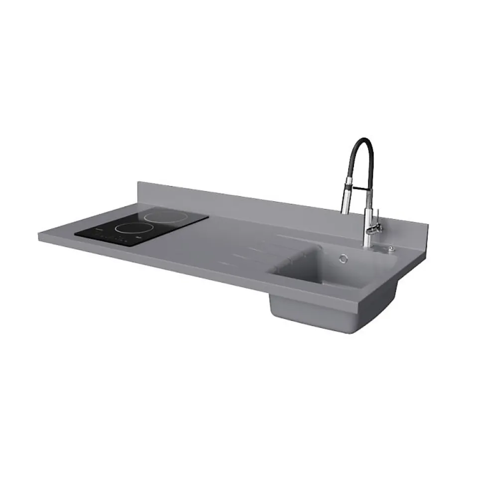 Plan de travail monobloc PlaniQuartz avec évier - 140 cm - Cromo - évier à droite - Plaque de cuisson Vitrocéramique