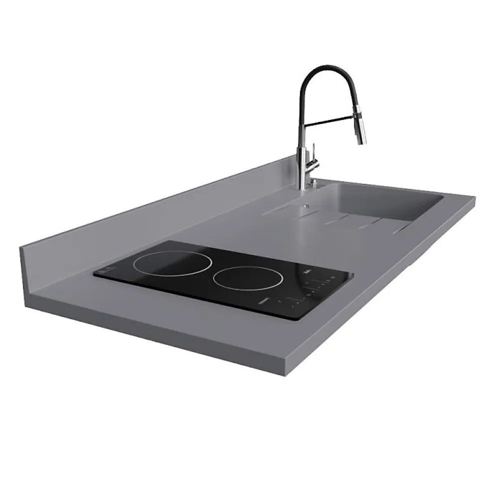 Plan de travail monobloc PlaniQuartz avec évier - 140 cm - Cromo - évier à droite - Plaque de cuisson Vitrocéramique