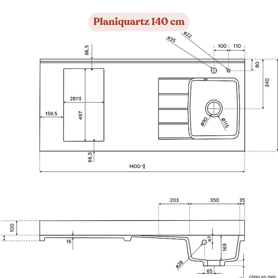 Plan de travail monobloc PlaniQuartz avec évier - 140 cm - Cromo - évier à droite - Plaque de cuisson Vitrocéramique