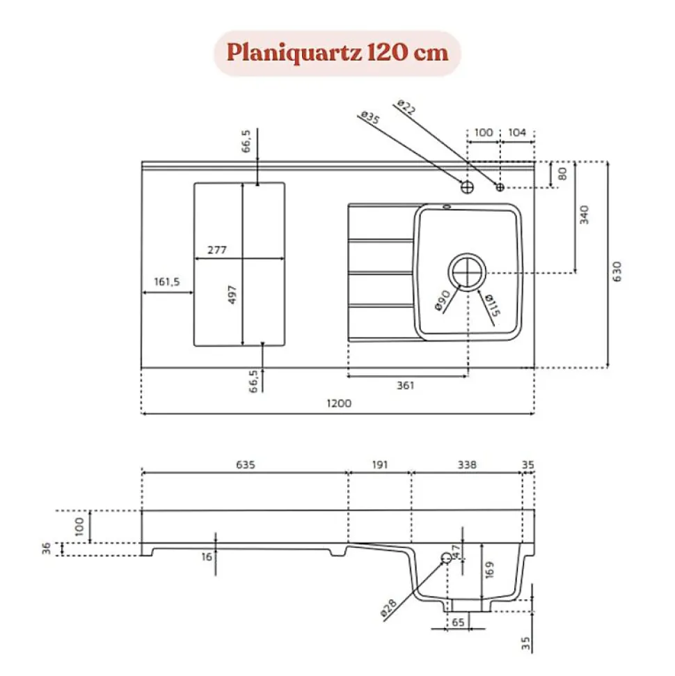 Plan de travail monobloc PlaniQuartz avec évier - 120 cm - Cromo - évier à droite - Plaque de cuisson Non inclus