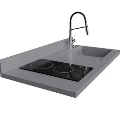 Plan de travail monobloc PlaniQuartz avec évier - 120 cm - Cromo - évier à droite - Plaque de cuisson Vitrocéramique